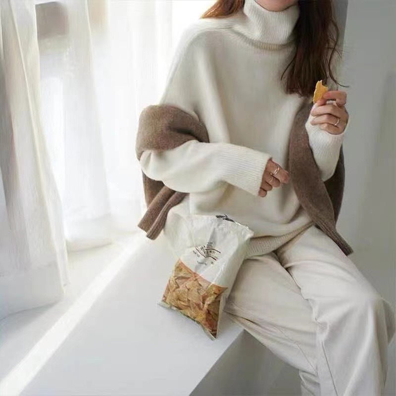 Women's Wool Blend Turtleneck Sweater - Thick Loose Knit Winter Pullover, Camel, Navy & Grey, XS-XL - Amora