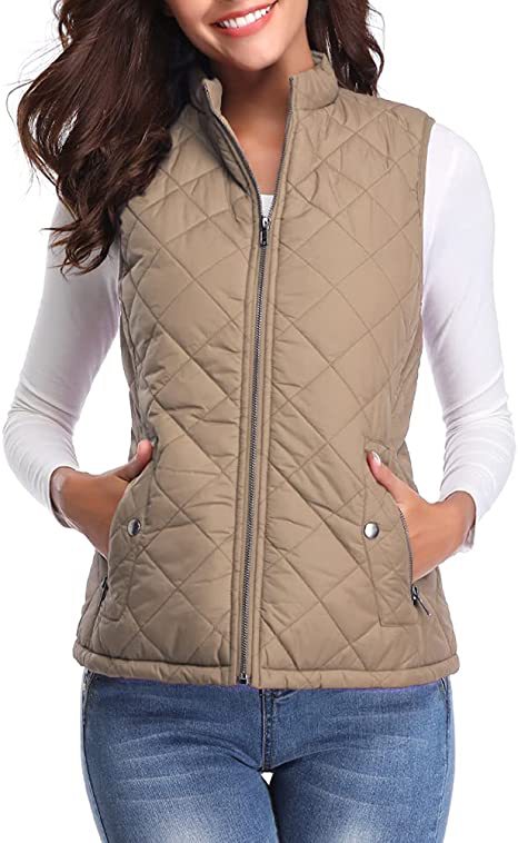 Women's Quilted Stand Collar Vest - Padded Zip-Up Gilet with Flap Pockets, Fifteen Colours, S-XXL - Amora