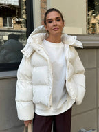 Women's Hooded Padded Jacket - Thick Zip-Up Winter Puffer Coat, Black or Dark Grey, S-L - Amora