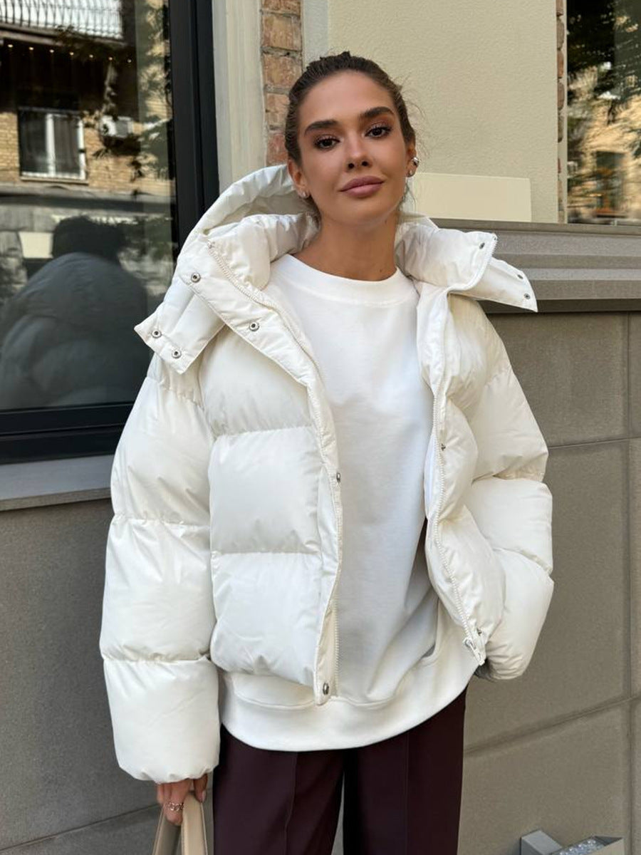Women's Hooded Padded Jacket - Thick Zip-Up Winter Puffer Coat, Black or Dark Grey, S-L - Amora