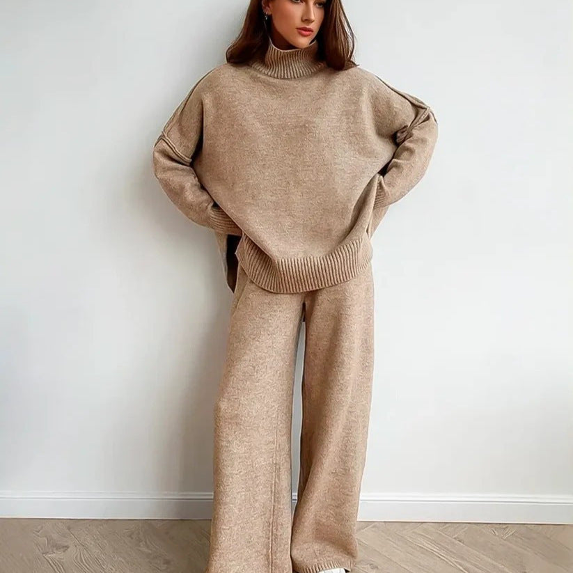 Women's High Neck Wool Blend Sweater - Loose Fit Chunky Knit Pullover, Camel, Coffee & Green, S-XXL - Amora