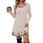 Women's Casual Long Sleeve Dress - Contrast Patchwork Short Knit Dress, Loose Fit, S-XXL - Amora