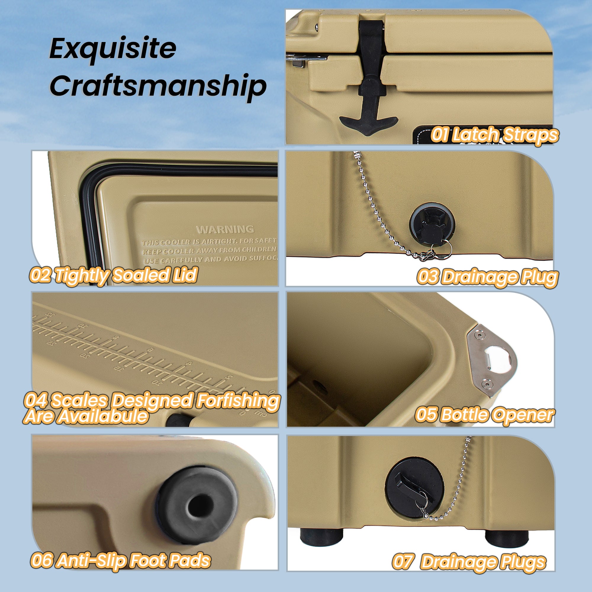 65 Quart Khaki Cooler, Ultra-Tough Hard Shell Ice Chest - Heavy-Duty Insulated Portable Cooler with 6-Day Ice Retention for Camping, Job Site, Tailgating, Beach & Fishing