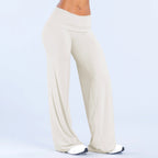 Women's Flared Yoga Trousers - Wide Leg Stretch Leggings with Flap Detail, Fifteen Colours, XS-XL - Amora