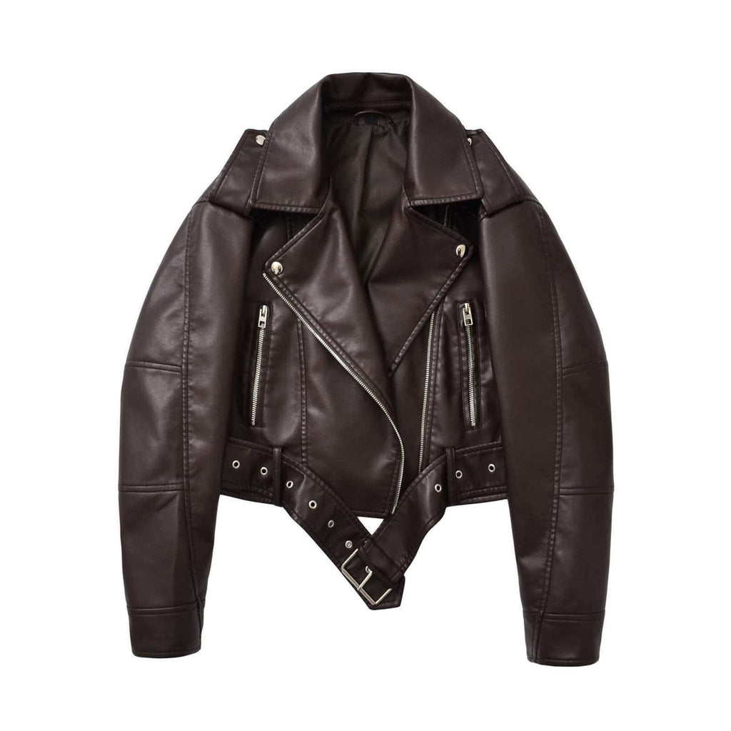 Women's PU Leather Jacket - Washed Lapel Collar Zip-Up Coat, Loose Fit, Eight Colours, XS-XL - Amora