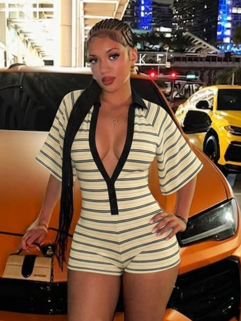 Women's Ribbed V-Neck Playsuit - Slim Fit Short Sleeve Romper, Green, Pink or Black, S-XL - Amora