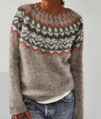 Women's Colourblock Jacquard Knit Sweater - Geometric Pattern Round Neck Pullover, Loose Fit, S-5XL - Amora