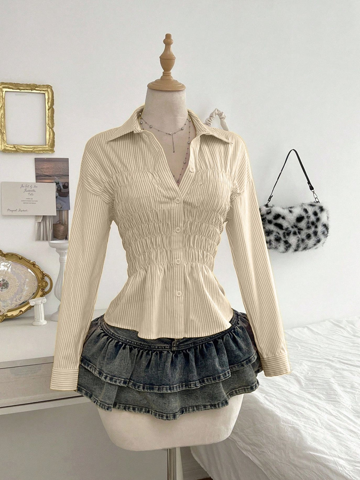 Women's Striped Shirt - Pleated Stand Collar Long Sleeve Shirt, Slim Fit, S-XL - Amora