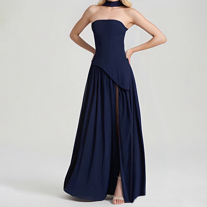 Women's Slit Maxi Dress - Sleeveless Waist-Cinching Column Dress, Green, Navy or Brown, S-3XL - Amora