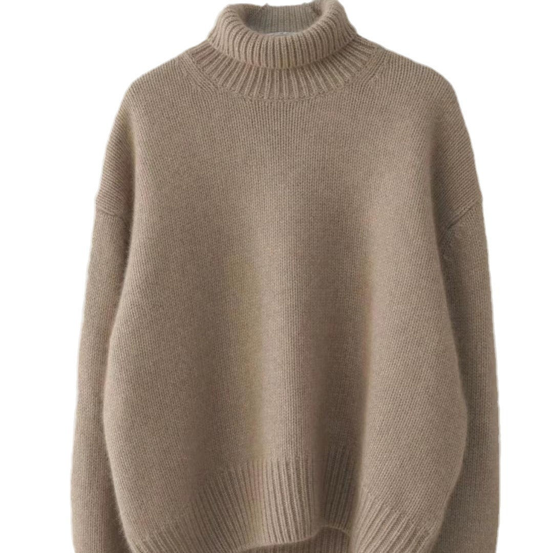Women's Wool Blend Turtleneck Sweater - Thick Loose Knit Winter Pullover, Camel, Navy & Grey, XS-XL - Amora