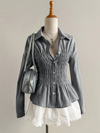 Women's Striped Shirt - Pleated Stand Collar Long Sleeve Shirt, Slim Fit, S-XL - Amora