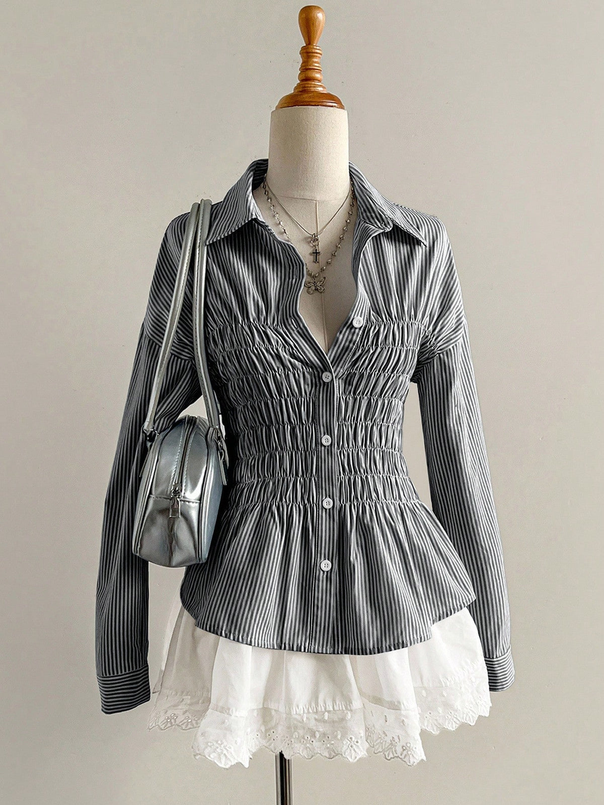 Women's Striped Shirt - Pleated Stand Collar Long Sleeve Shirt, Slim Fit, S-XL - Amora