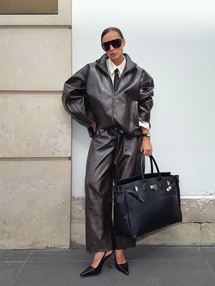 Women's PU Leather Two Piece Set - Stand Collar Jacket and High Waisted Skirt, Red or Brown, S-L - Amora