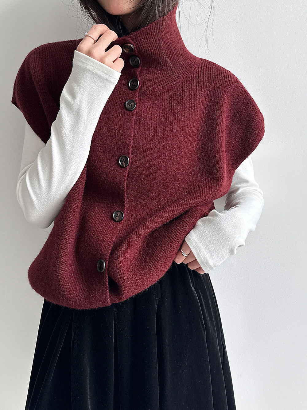 Women's Mock Neck Knit Vest - Sleeveless Sweater Tank with Drawstring Waist, Khaki, Burgundy or Black - Amora