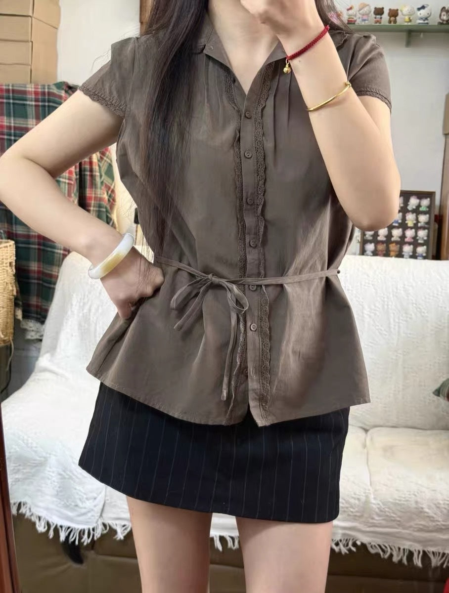 Women's Doll Collar Lace Trim Top - Cropped Short Sleeve Cotton Blouse, Brown or Beige, One Size - Amora