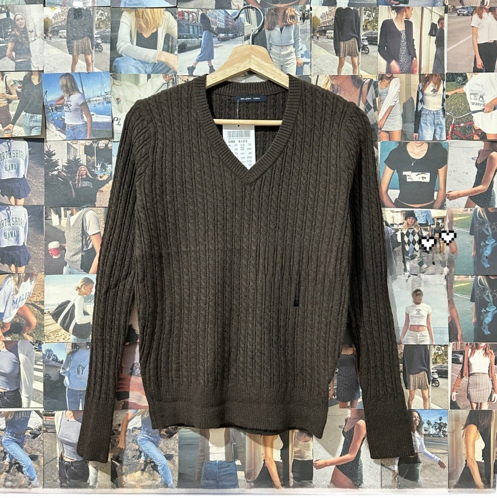 Women's Cotton Cable Knit V-Neck Sweater - Ribbed Cuff Pullover, Dark Brown or Haze Blue, One Size - Amora