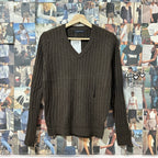 Women's Cotton Cable Knit V-Neck Sweater - Ribbed Cuff Pullover, Dark Brown or Haze Blue, One Size - Amora