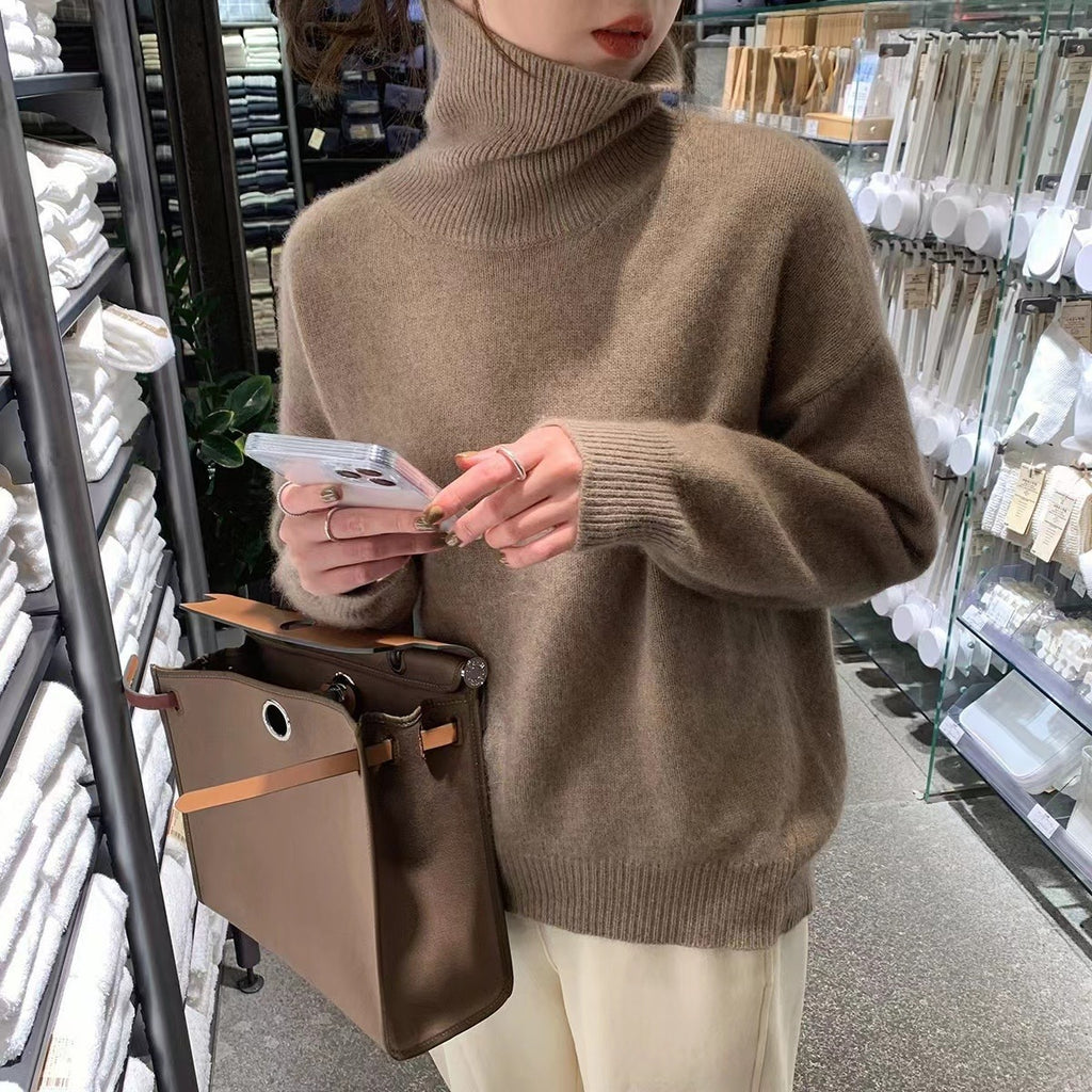 Women's Wool Blend Turtleneck Sweater - Thick Loose Knit Winter Pullover, Camel, Navy & Grey, XS-XL - Amora