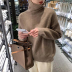 Women's Wool Blend Turtleneck Sweater - Thick Loose Knit Winter Pullover, Camel, Navy & Grey, XS-XL - Amora