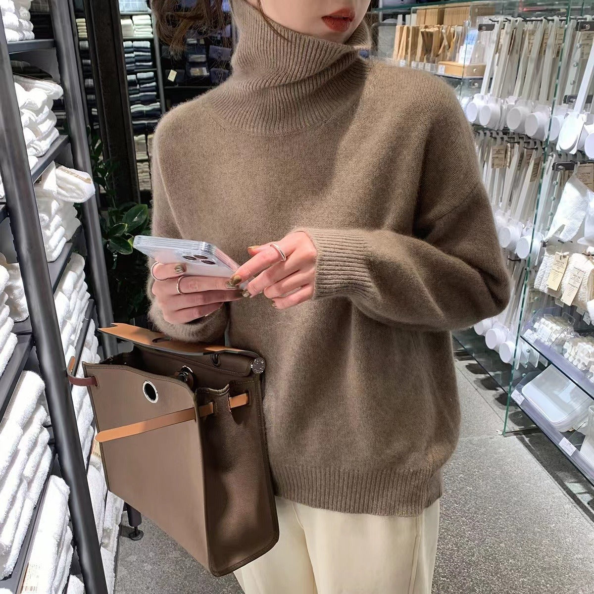 Women's Wool Blend Turtleneck Sweater - Thick Loose Knit Winter Pullover, Camel, Navy & Grey, XS-XL - Amora