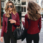 Women's Faux Leather Jacket - PU Stand Collar Slim Fit Blazer Jacket, Twelve Colours, S-5XL - Amora