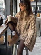 Women's Cable Knit Lantern Sleeve Sweater - Thick Loose Fit Pullover, Off-White or Camel, S-L - Amora