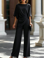 Women's Two Piece Set - Drop Waist Shirt and Wide Leg Trousers, Nine Colours, S-4XL - Amora