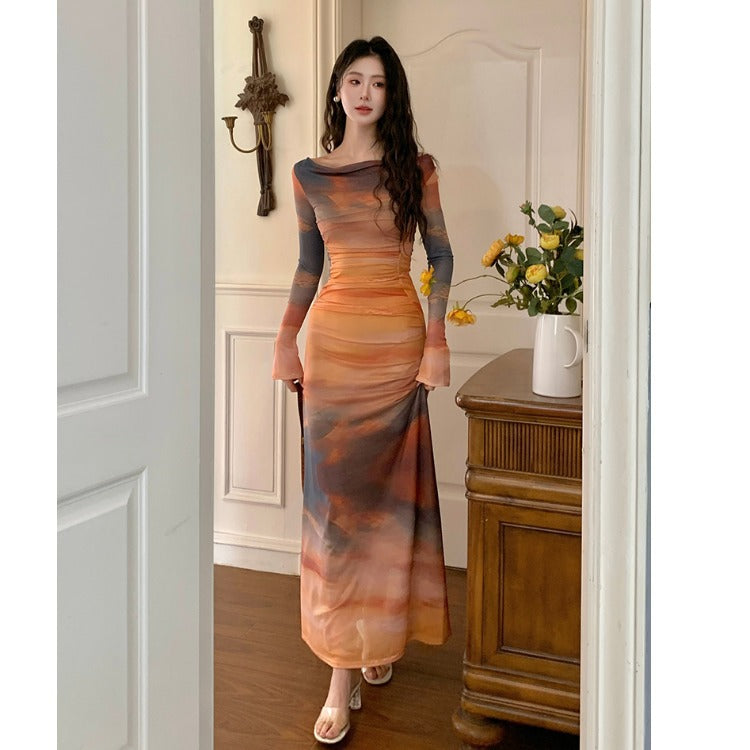 Women's Tie-Dye Mesh Maxi Dress - Long Sleeve Elastic Waist Printed Dress, Orange, S-XL - Amora