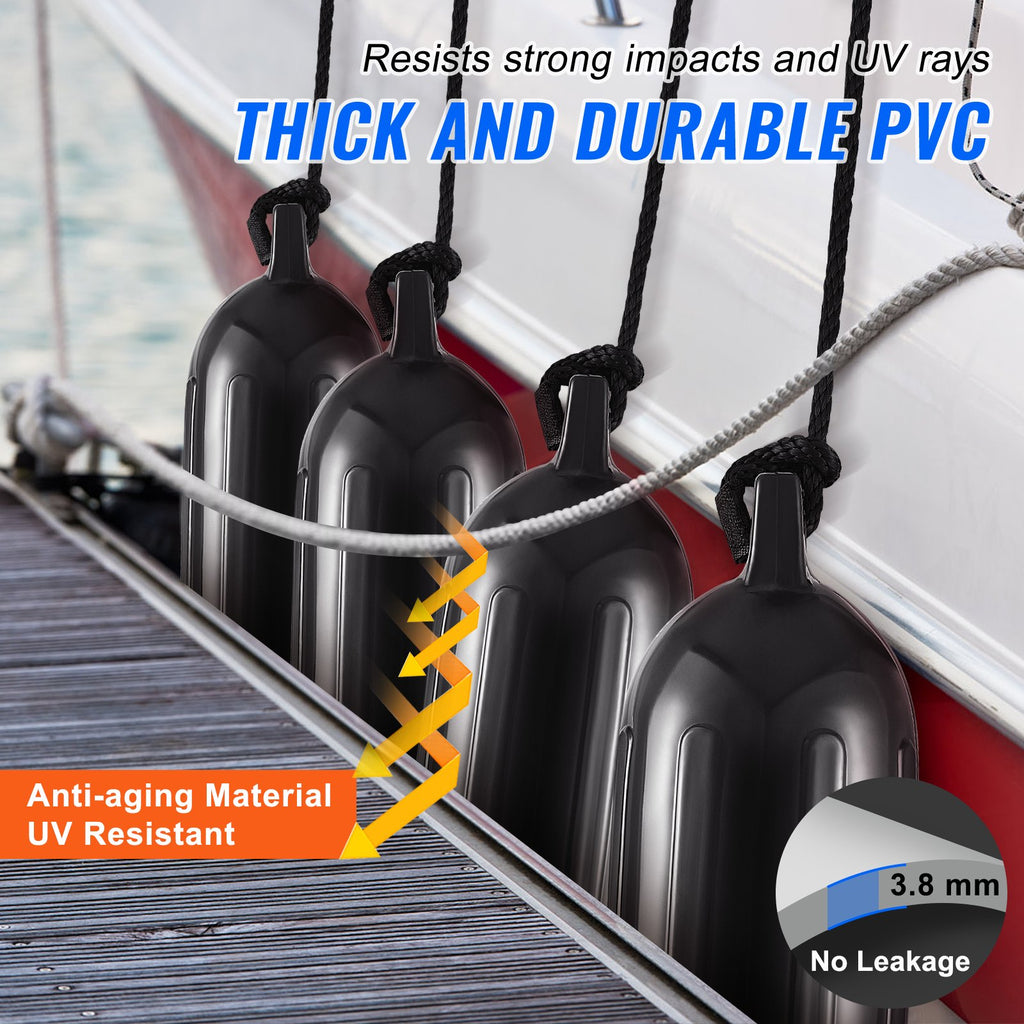 Boat Fenders, 5.5 X 20 Boat Bumpers for Docking, Inflatable Ribbed Fender with Center Holes, Marine Boat Dock Fender Bumper with Air Pump, 4 Needles and 4 Ropes and Storage Bag, Black