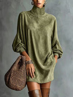Women's Faux Suede A-Line Dress - Retro Long Sleeve Short Dress, Eight Colours, S-3XL - Amora