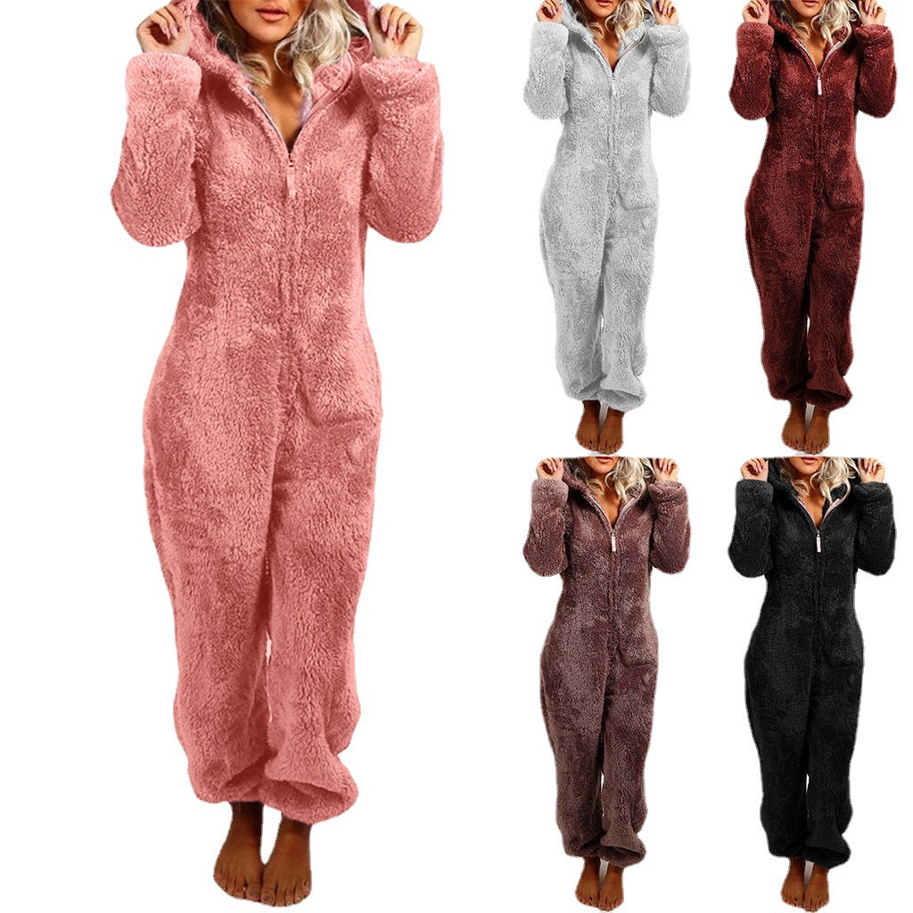 Women's Hooded Corduroy Jumpsuit - Fleece Lined Cat Ear Onesie with Pockets, Nine Colours, S-5XL - Amora