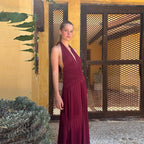 Women's Halter Neck Pleated Maxi Dress - Sleeveless Split Evening Dress, Gold, Red or Blue, XS-3XL - Amora