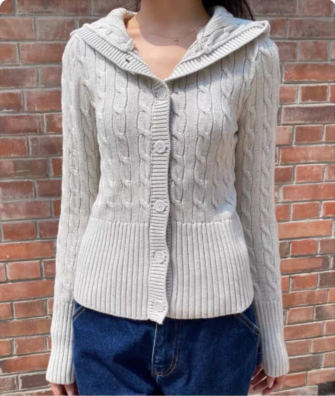 Women's Hooded Cable Knit Cardigan - Button Front Twist Knit Sweater Jacket, Grey, White or Navy - Amora