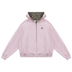 Women's Leopard Print Hooded Cardigan - Cropped Zip-Up Cotton Blend Sweatshirt, Loose Fit, M-XXL - Amora