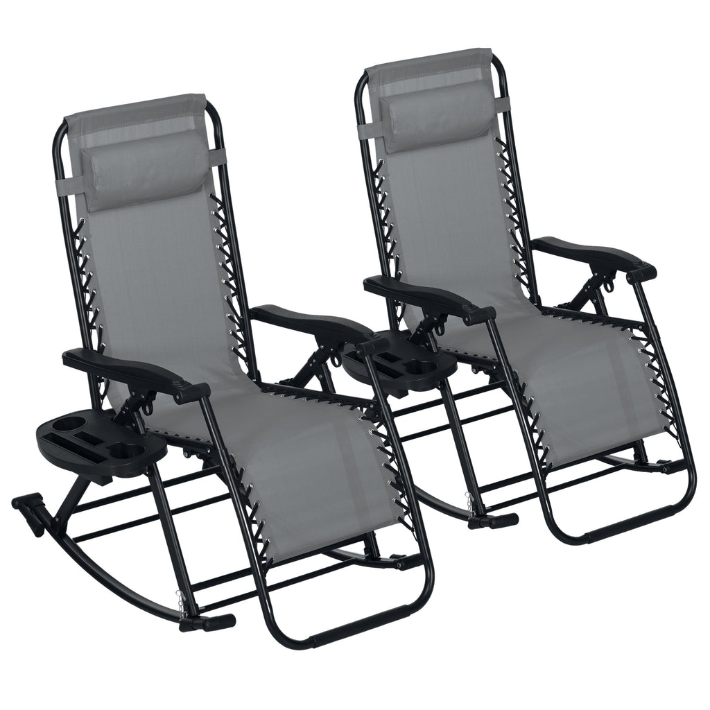 2 Outdoor Rocking Chairs Foldable Reclining Zero Gravity Lounge Rockers W/ Pillow Cup & Phone Holder, Gray