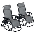 2 Outdoor Rocking Chairs Foldable Reclining Zero Gravity Lounge Rockers W/ Pillow Cup & Phone Holder, Gray