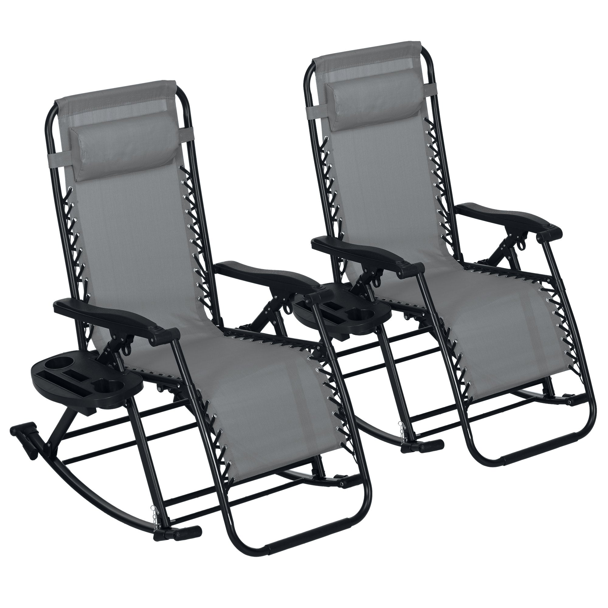 2 Outdoor Rocking Chairs Foldable Reclining Zero Gravity Lounge Rockers W/ Pillow Cup & Phone Holder, Gray