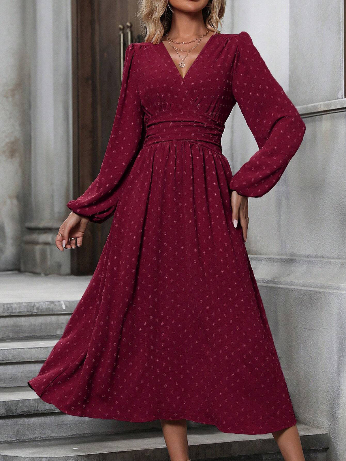Women's Lantern Sleeve Maxi Dress - Pleated Waist V-Neck Dress with Pom Detail, Burgundy, Navy or Black, S-XXL - Amora