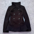 Women's Double-Breasted Stand Collar Jacket - Cropped Metal Button Jacket, Black, S-L - Amora