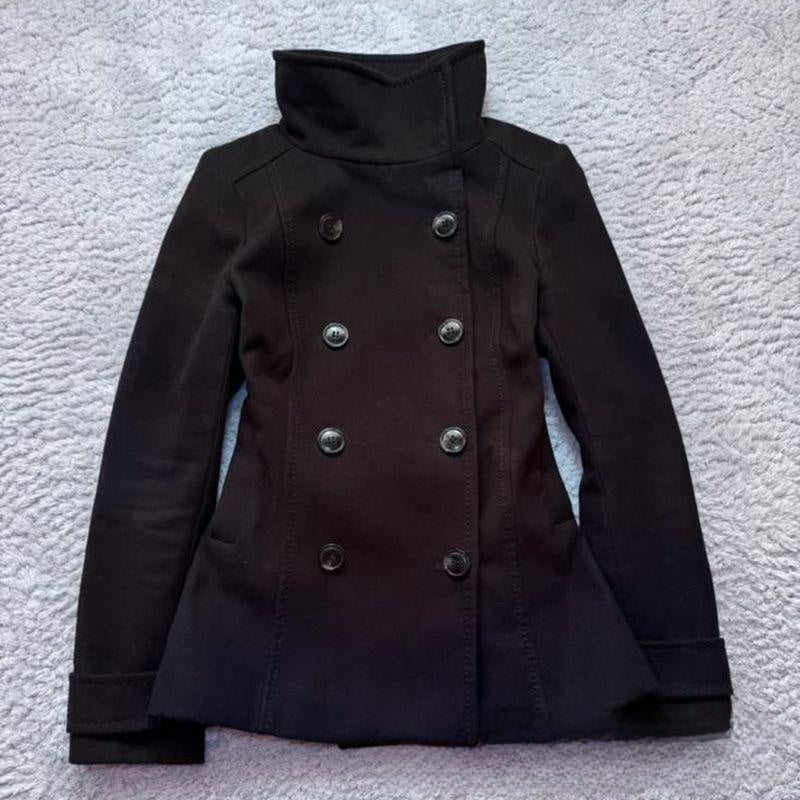 Women's Double-Breasted Stand Collar Jacket - Cropped Metal Button Jacket, Black, S-L - Amora