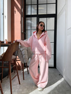 Women's Hooded Zip-Up Tracksuit Set - Loose Fit Cotton Blend Hoodie and Trousers, Five Colours, S-L - Amora