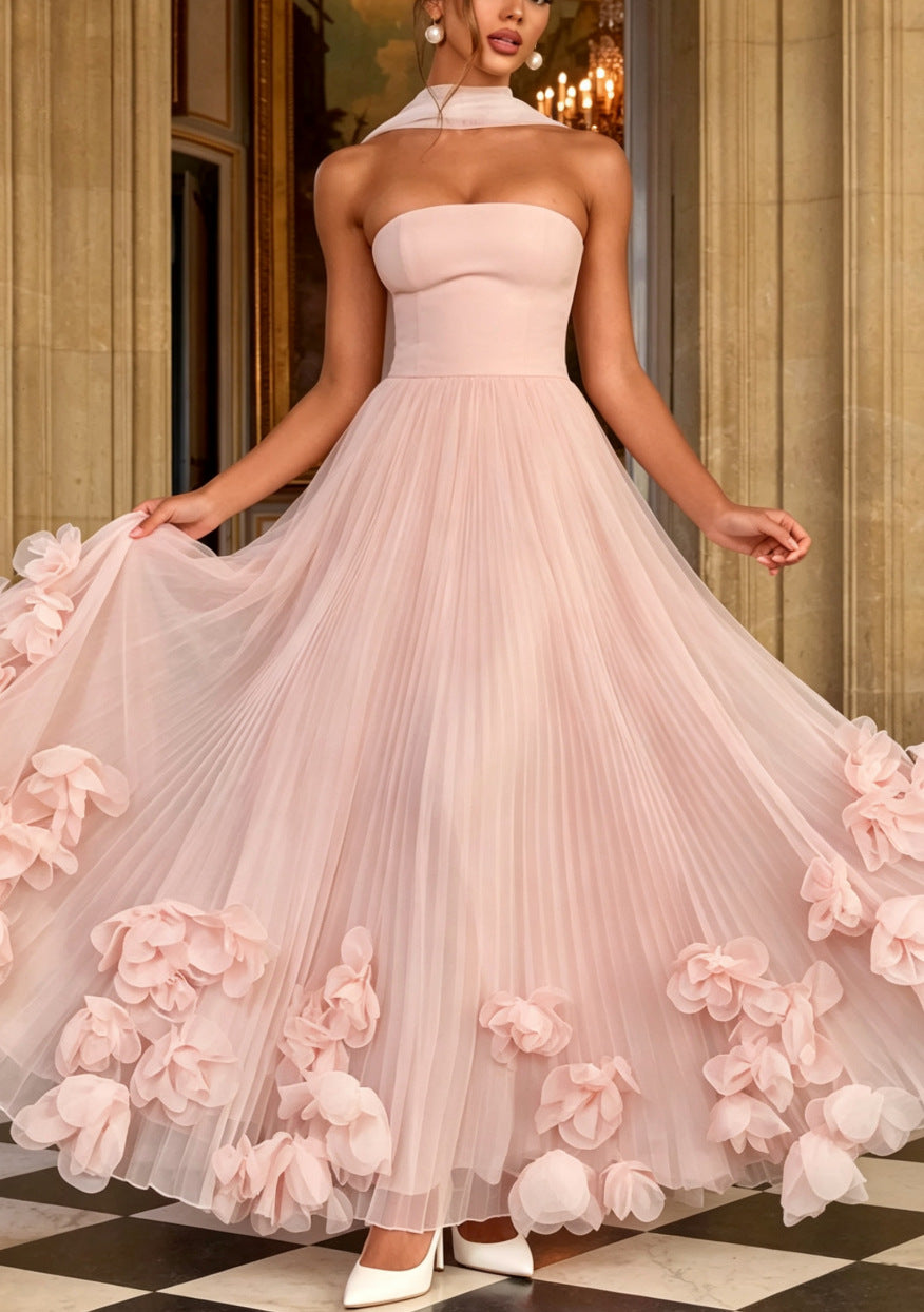 Women's Strapless Evening Gown - 3D Petal Pleated Ball Dress with Train, Six Colours, XS-XXL - Amora