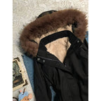 Women's Faux Fur Hood Fleece-Lined Jacket - Retro Colour-Block Zip-Up Winter Coat, Black, S, L or XL - Amora