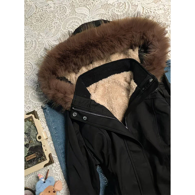 Women's Faux Fur Hood Fleece-Lined Jacket - Retro Colour-Block Zip-Up Winter Coat, Black, S, L or XL - Amora