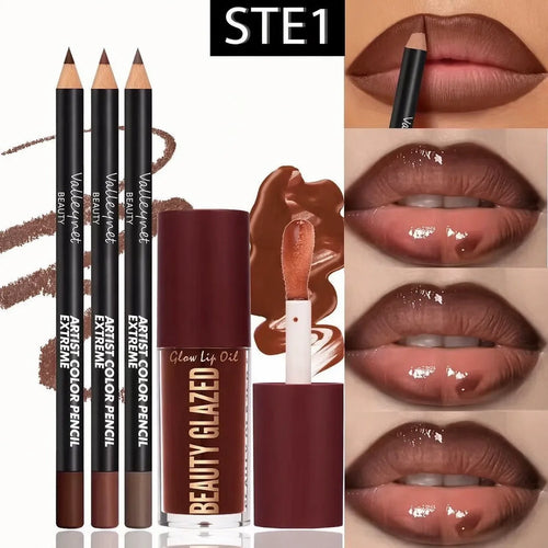 4Pcs Lip Kit Set-3Pcs Lip Liner+1Pc Lip Glaze, Waterproof&Long-Lasting Matte Effect,Versatile for Casual & Formal Occasions,