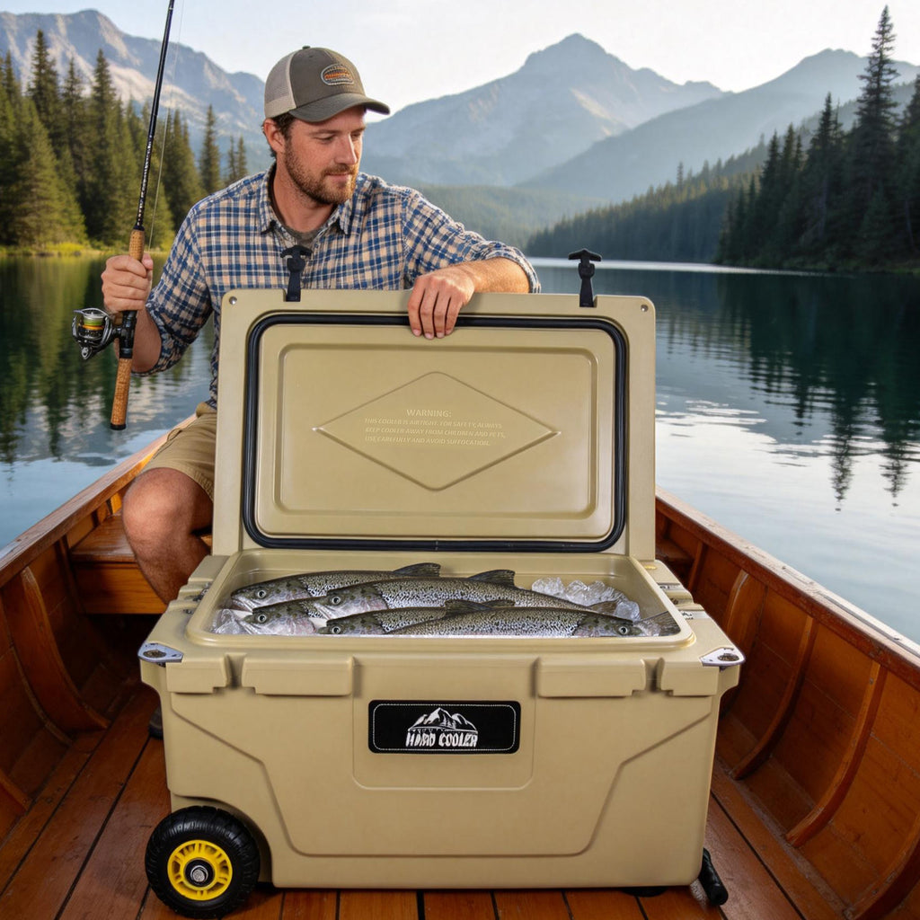 65 Quart Khaki Cooler, Ultra-Tough Hard Shell Ice Chest - Heavy-Duty Insulated Portable Cooler with 6-Day Ice Retention for Camping, Job Site, Tailgating, Beach & Fishing