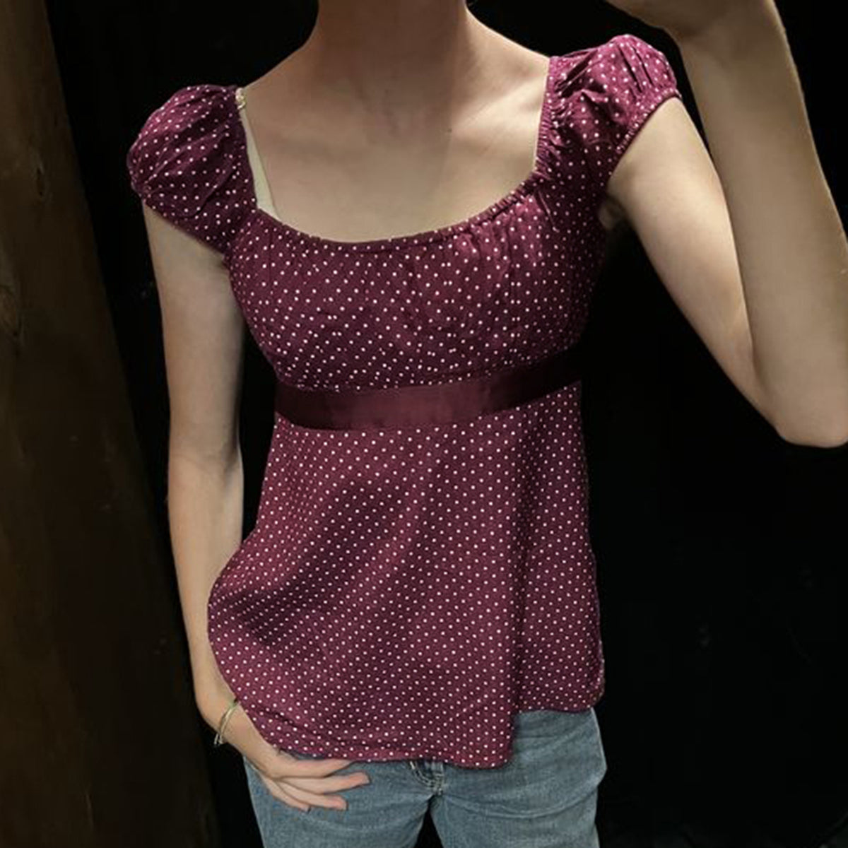 Women's Polka Dot Square Neck Top - Tie-Up Ruched A-Line Top, Dark Blue, S-L - Amora