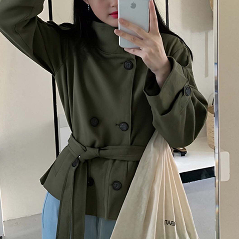 Women's Short Trench Coat - Double-Breasted Lapel Coat, Loose Fit, Burgundy, Khaki & Green, S-3XL - Amora