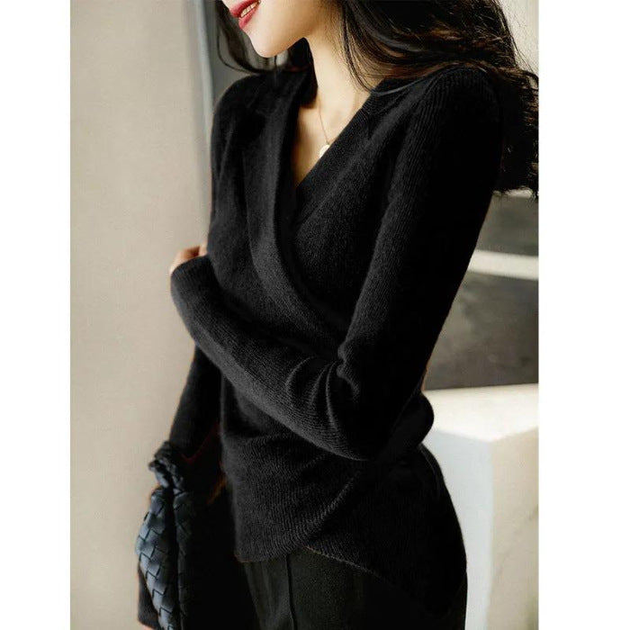 Women's Slim Fit Knit Sweater - Cropped Suit Collar Pullover, Soft Polyester Blend, One Size - Amora