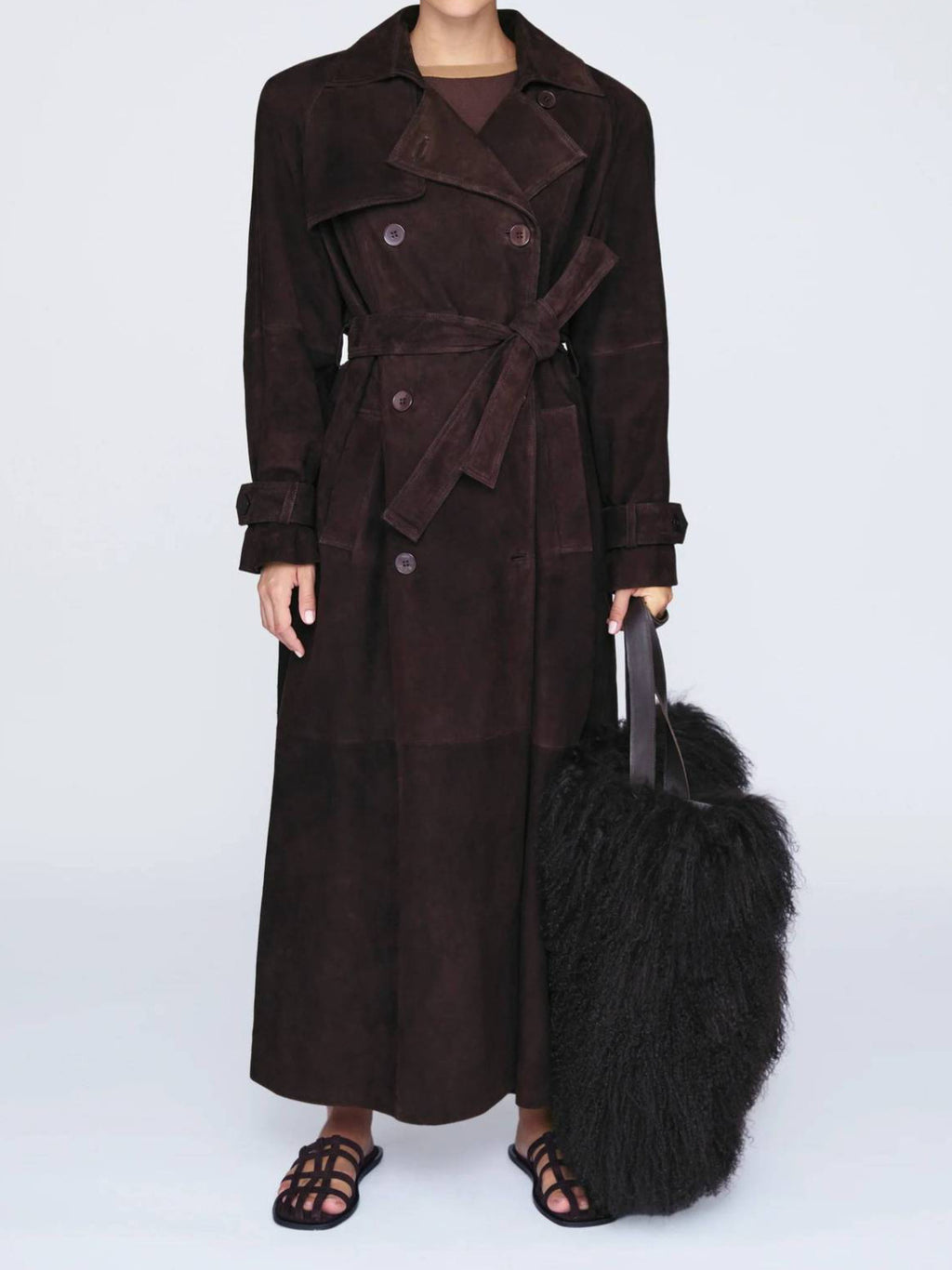 Women's Faux Suede Belted Trench Coat - Long Double-Breasted Windbreaker, Brown or Leopard Print, S-XL - Amora